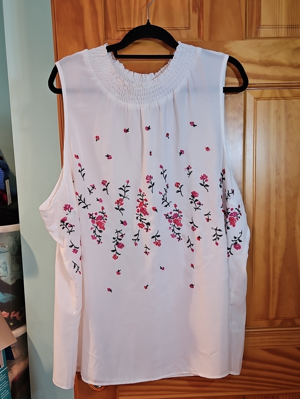 Chenault White Sleeveless Smocked Neck Floral Embroidered Camisole